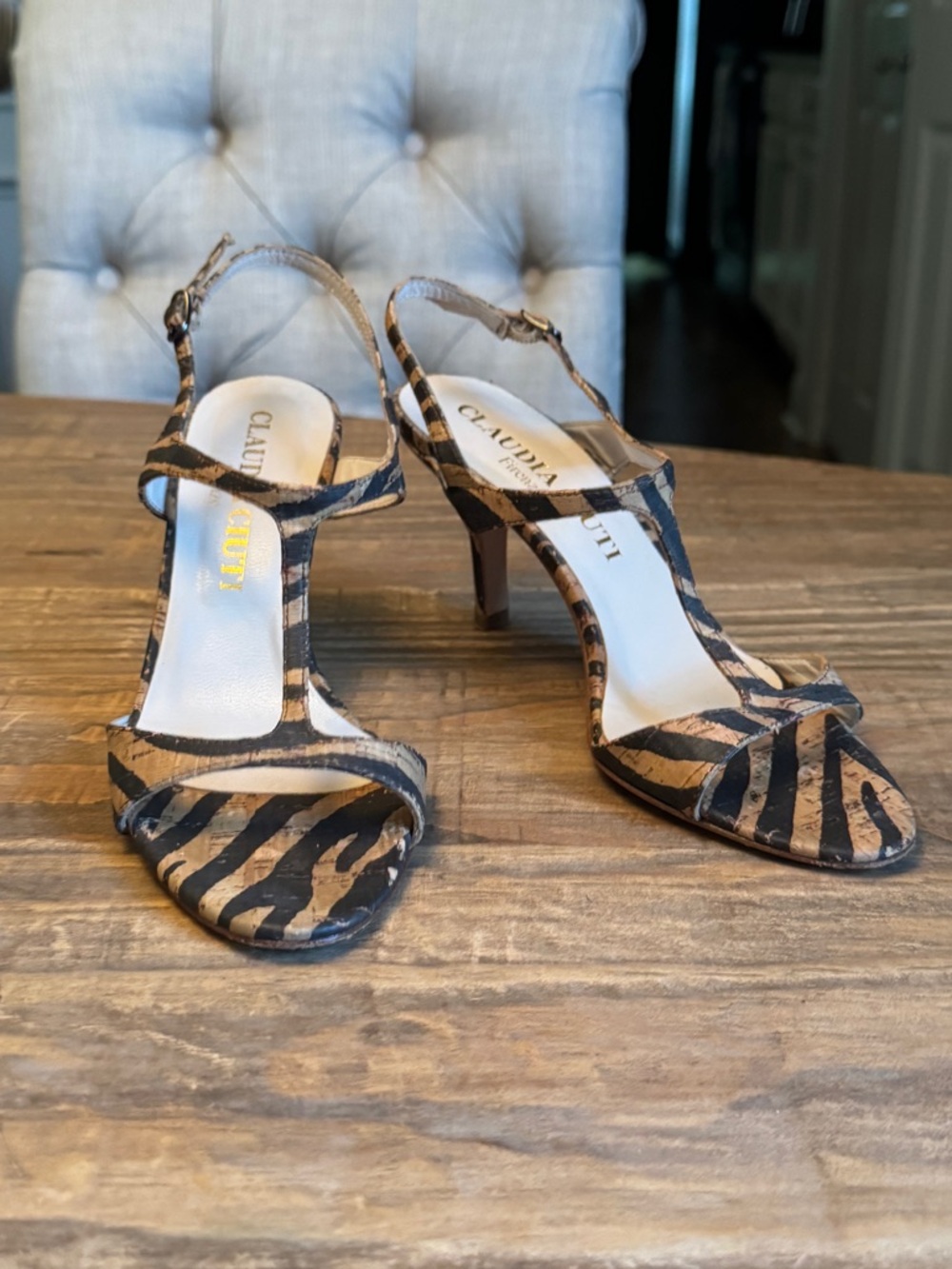 Claudia Ciuti Firenze Italy Slingback Strappy Beige Black Cork Tiger Print 6 M